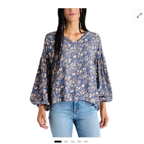 Splendid Eleanor Floral Blue Boho Long Sleeve Top Medium - Picture 1 of 9